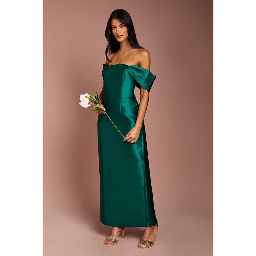 Coast Honoured Twill Bardot Column Midi Bridesmaid Dress Green US 6 NWT Elegant